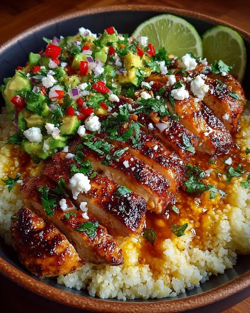 Honey Lime Chicken & Avocado Spicy Cauliflower Rice Stack Recipe - Recipe Image