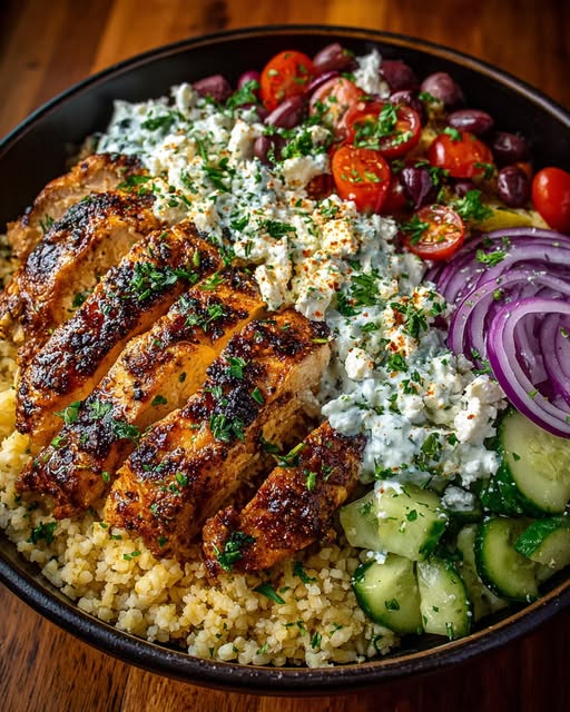 Greek Chicken Gyro Bowl with Creamy Garlic Feta Recipe - Recipe Image
