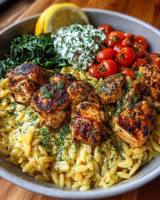 Lemon Dijon Chicken Orzo Bowl with Dill Whipped Feta Recipe