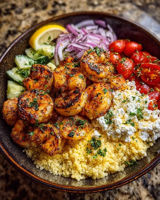 Greek Shrimp Gyro Bowl with Spicy Lemon Garlic Feta Recipe
