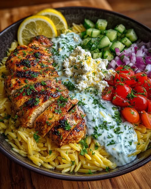 Lemon Herb Chicken Orzo Bowl with Lemon Feta Yogurt Sauce Recipe - Recipe Image