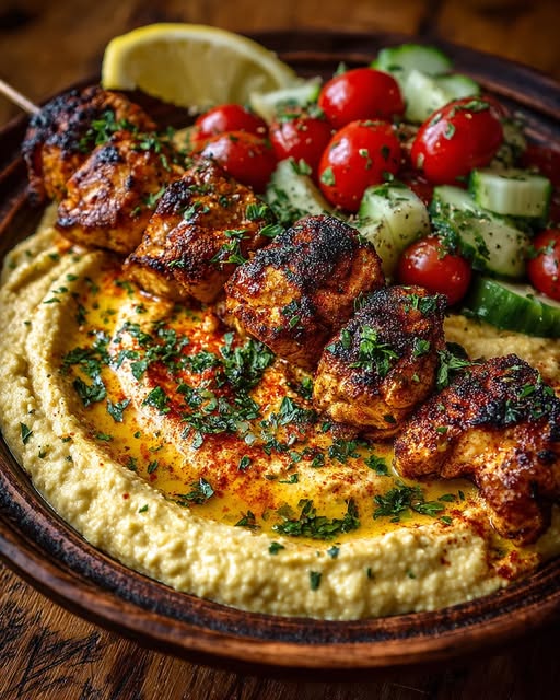 Mediterranean Chicken Skewers with Hummus Spread Recipe - Recipe Image