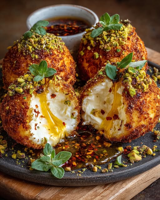 Burrata Bomb with Hot Honey & Pistachio Crunch Recipe - Recipe Image