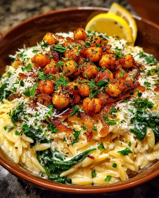 Serve orzo in bowls topped with caramelized onions and crispy chickpeas Recipe - Recipe Image