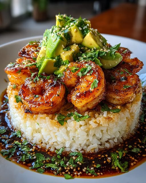 Honey Lime Shrimp & Avocado Brown Rice Stack Recipe - Recipe Image