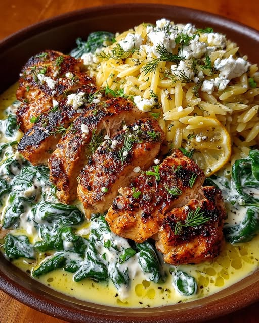 Lemon Dijon Chicken Orzo with Spinach & Feta Yogurt Sauce Recipe - Recipe Image