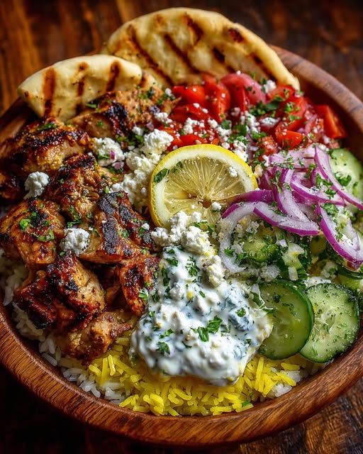 Greek Grilled Chicken Gyro Bowl with Creamy Garlic Feta Recipe