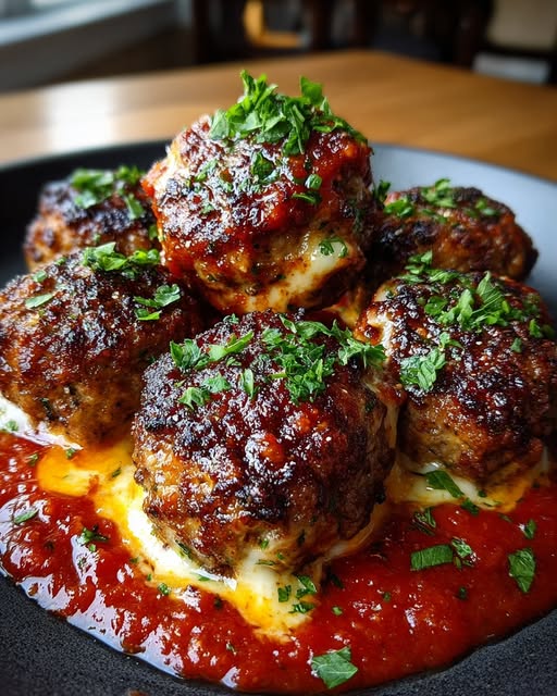 Mozzarella Stuffed Meatballs in Creamy Marinara Recipe - Recipe Image