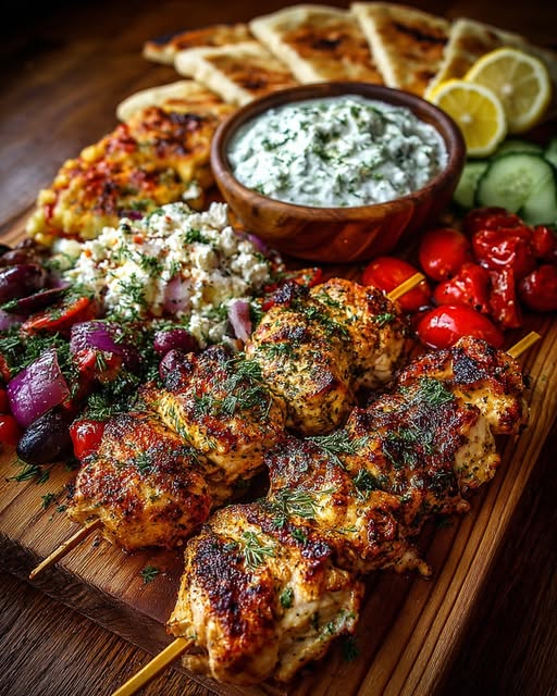 Greek Grilled Chicken Souvlaki Grazing Board with Feta Dip Recipe - Recipe Image