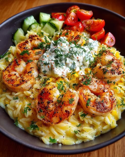 Lemon Dijon Shrimp Orzo Bowl with Lemon Feta Yogurt Sauce Recipe