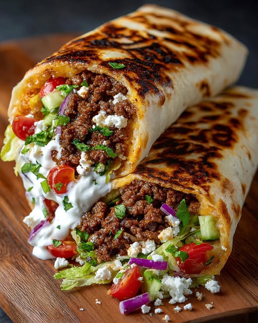Mediterranean Ground Beef Wrap with Lemon Honey Feta Cream Recipe - Recipe Image