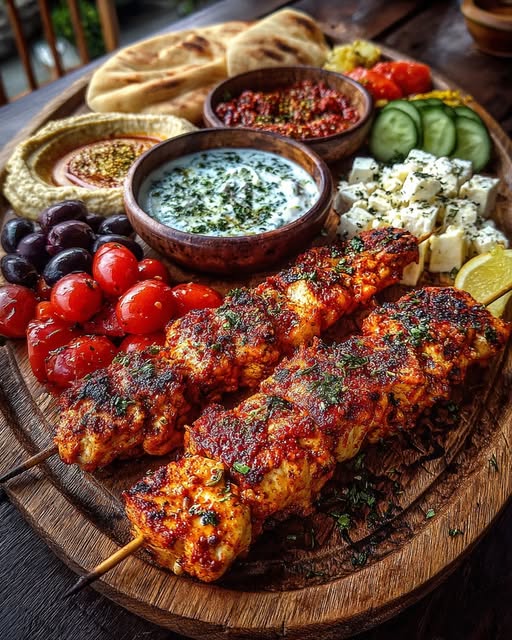 Mediterranean Chicken Skewers with Mezze Platter Recipe - Recipe Image