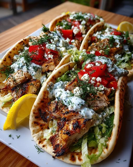 Greek Lemon Chicken Pita Wraps with Whipped Dill Feta Sauce Recipe - Recipe Image