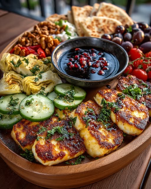 Greek Halloumi Mezze Platter with Balsamic Drizzle Recipe - Recipe Image