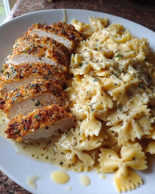 Baked Caesar Chicken with Four-Cheese Bowtie Pasta Recipe - Recipe Image