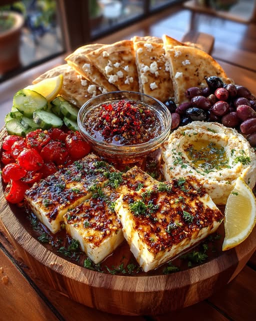 Greek Mezze Board with Hot Honey Feta, Olives & Pita Chips Recipe