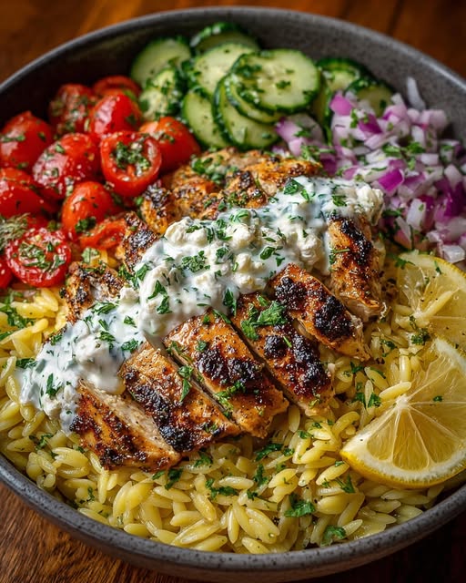 Lemon Dijon Chicken Orzo Bowl with Honey Feta Yogurt Sauce Recipe