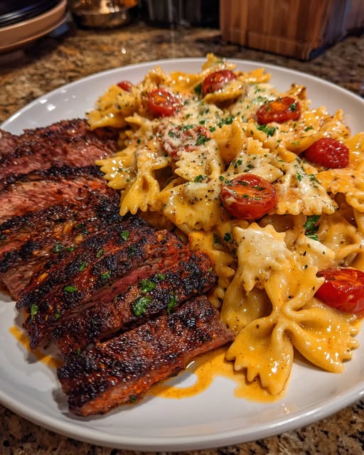 Cajun Steak Bowtie Pasta in Alfredo Cheese Sauce Recipe - Recipe Image