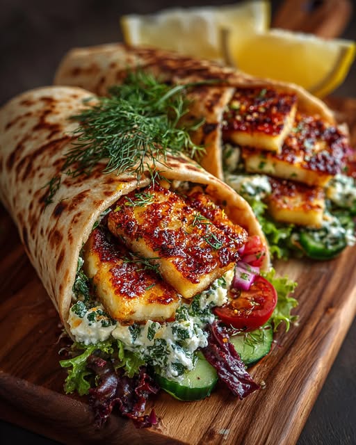 Mediterranean Halloumi Wrap with Dill Hot Honey Feta Sauce Recipe - Recipe Image