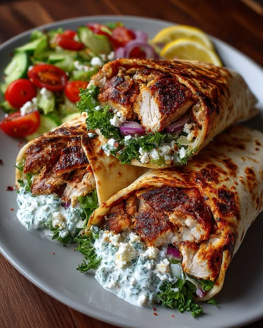 Greek Chicken Wraps with Spicy Lemon Garlic Yogurt Sauce Recipe - Recipe Image