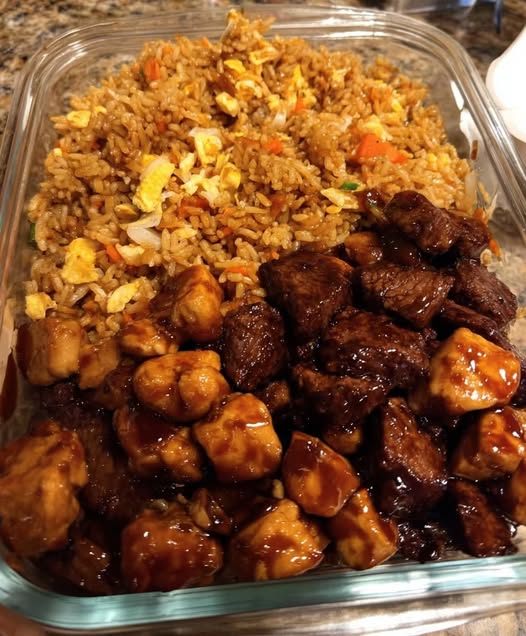 Homemade Chicken & Beef Teriyaki Fried Rice Plate Recipe