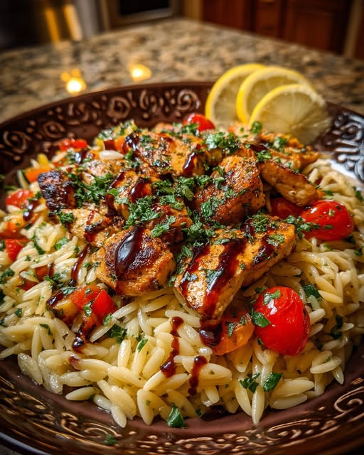 Balsamic Chicken Orzo with Roasted Veggies & Parmesan Recipe