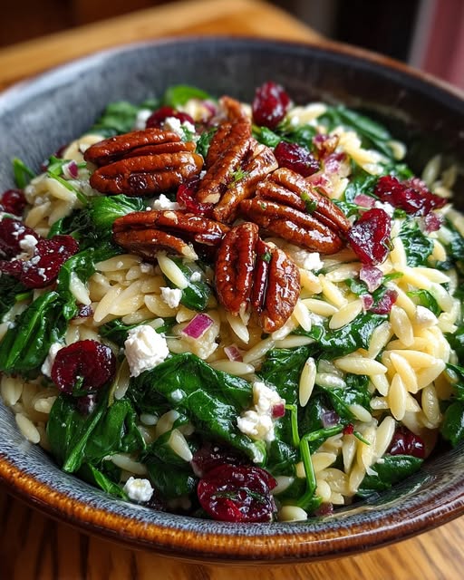 Spinach and Orzo Salad with Cranberries and Candied Pecans Recipe
