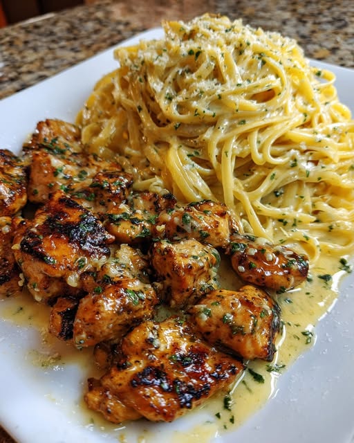 Lemon Garlic Chicken with Garlic Parmesan Cream Linguine Recipe - Recipe Image