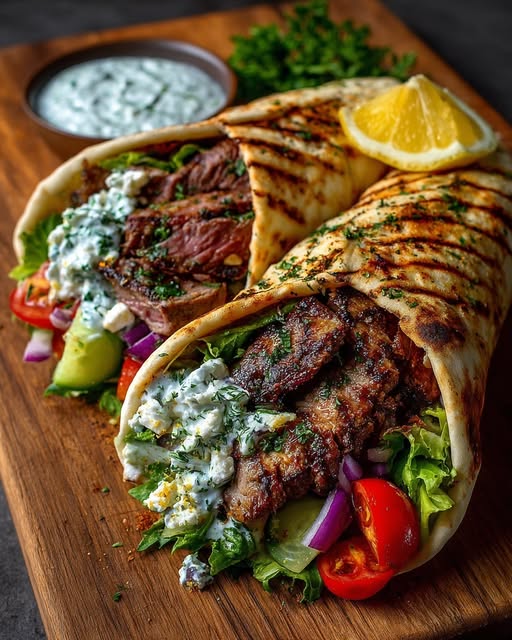 Greek Grilled Lamb Wraps with Garlic Yogurt Sauce Recipe - Recipe Image