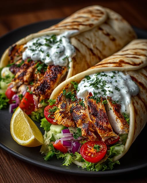 Greek Grilled Chicken Wraps with Lemon Garlic Yogurt Sauce Recipe