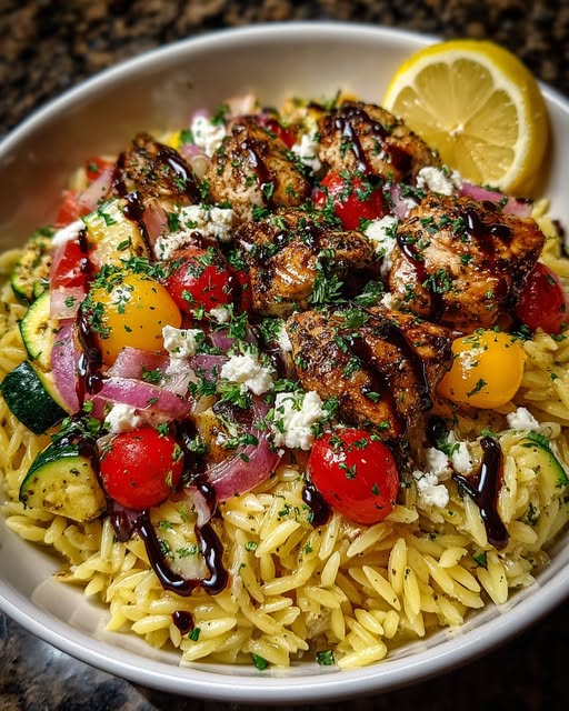 Balsamic Chicken Orzo Bowl with Roasted Veggies & Feta Recipe - Recipe Image