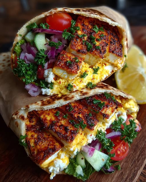 Mediterranean Halloumi Wrap with Lemon Hot Honey Feta Sauce Recipe - Recipe Image