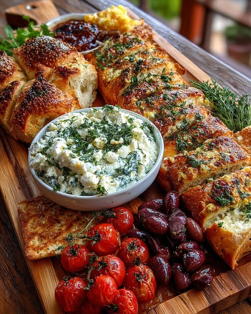 Rustic Mediterranean Bread and Herb Feta Dip Board Recipe - Recipe Image