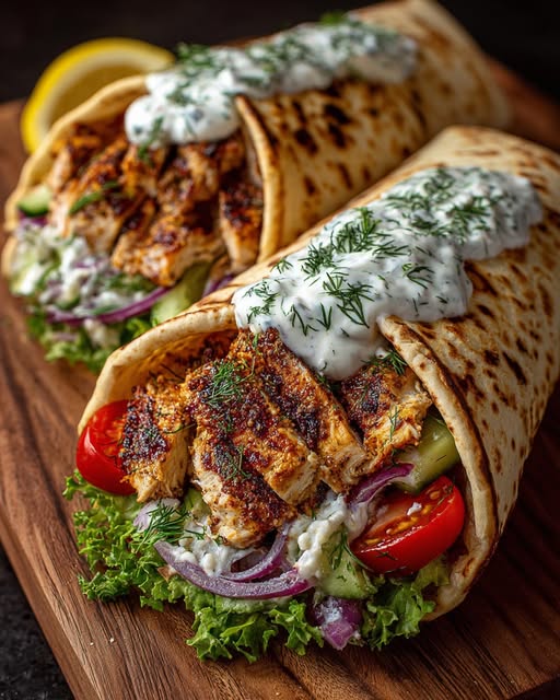 Greek Grilled Chicken Wraps with Creamy Garlic Yogurt Sauce Recipe - Recipe Image