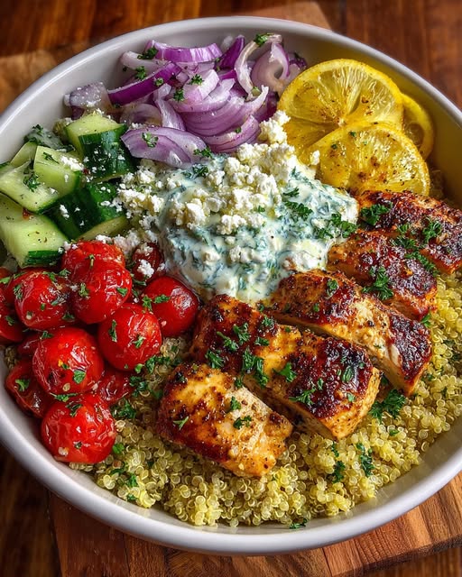 Quinoa Bowl with Lemon Feta Yogurt Sauce Recipe - Recipe Image