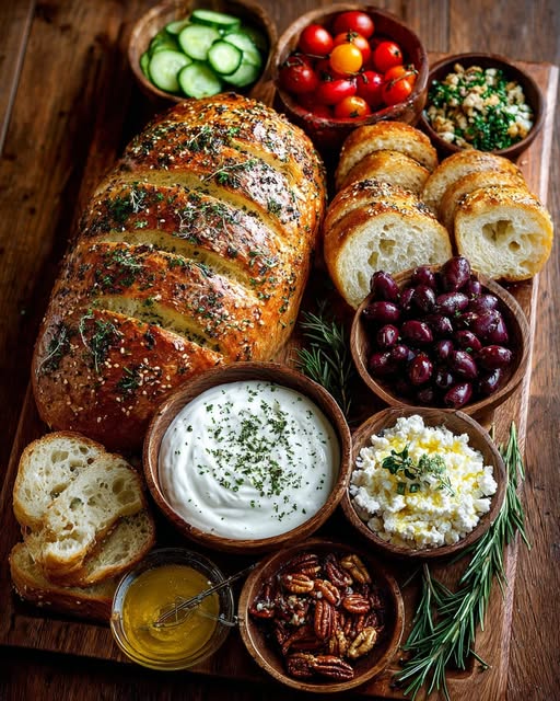 Rustic Mediterranean Bread and Garlic Yogurt Dip Board Recipe - Recipe Image