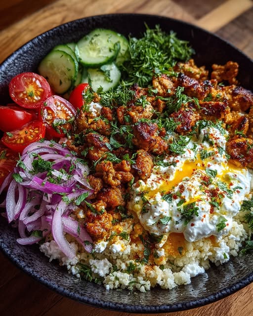 Mediterranean Ground Chicken Bowl with Hot Honey Feta Cream Recipe