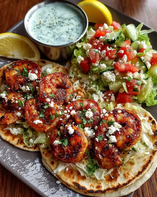 Greek Shrimp Wraps with Lemon Garlic Yogurt Sauce Recipe - Recipe Image