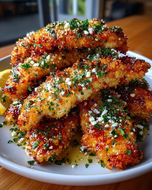 Crispy Hot Honey Lemon Feta Chicken Tenders with Herb Crust Recipe - Recipe Image