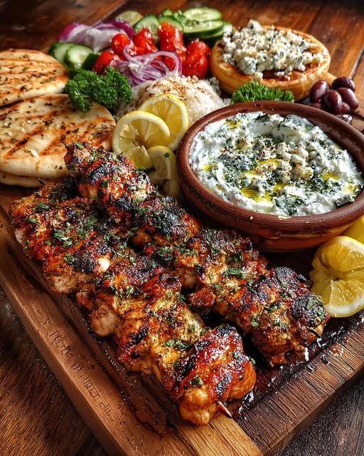 Greek Grilled Chicken Souvlaki Mezze Board with Feta Dip Recipe - Recipe Image