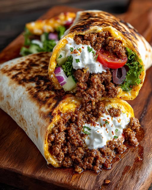 Mediterranean Ground Beef Wrap with Hot Honey Feta Cream Recipe