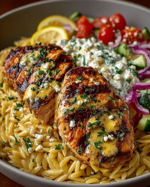 Lemon Dijon Chicken Orzo Bowl with Garlic Whipped Feta Recipe