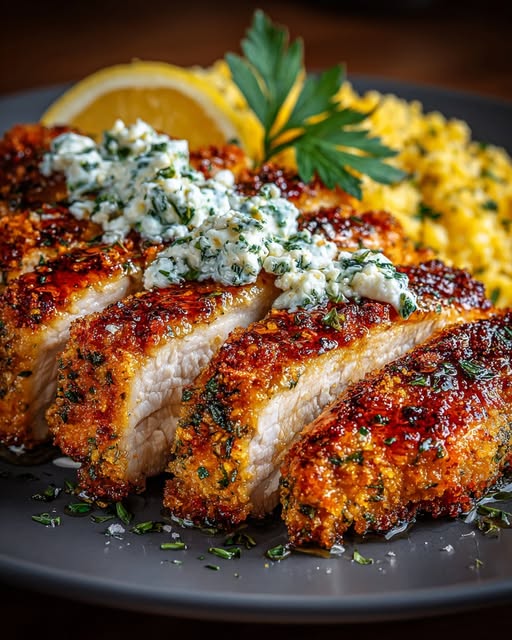Crispy Hot Honey Lemon Feta Turkey Cutlets with Herb Crust Recipe - Recipe Image