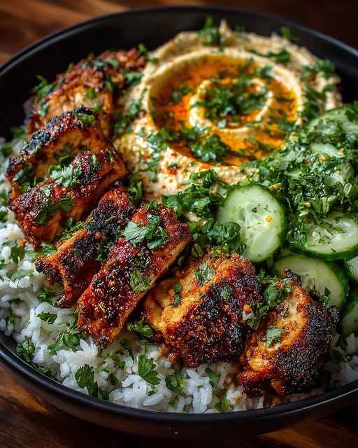 Spicy Garlic Chicken Bowl with Hummus & Cucumber Salad Recipe