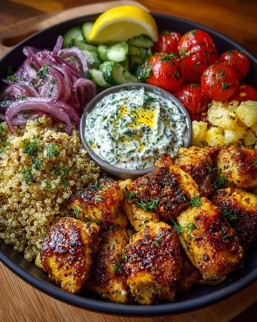 Lemon Dijon Chicken Quinoa Bowl with Garlic Whipped Feta Recipe