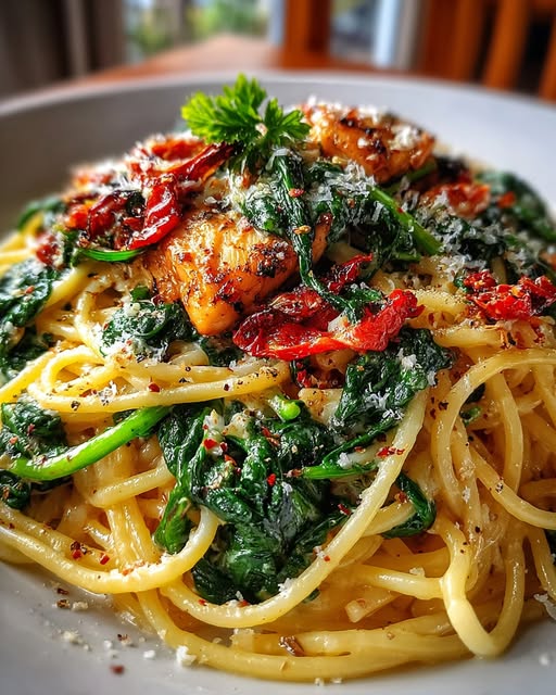 Spaghetti & Spinach with Sun-Dried Tomato Cream Sauce Recipe