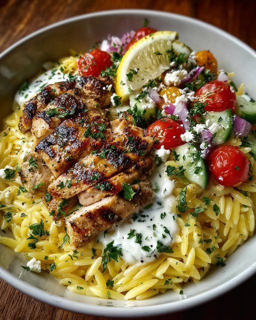 Lemon Dijon Chicken Orzo Bowl with Garlic Feta Yogurt Sauce Recipe