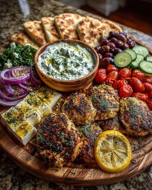 Greek Lemon Chicken Grazing Board with Creamy Dill Feta Dip Recipe