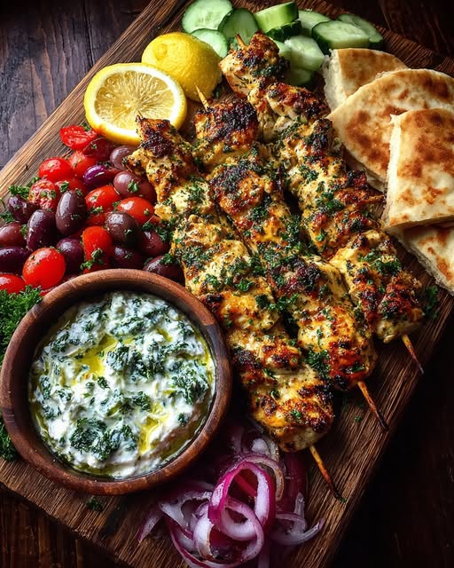 Greek Lemon Chicken Souvlaki Grazing Board with Feta Dip Recipe - Recipe Image
