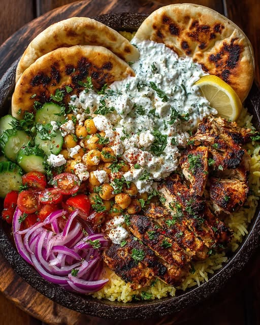 Mediterranean Chicken Pita Bowl with Spicy Feta Sauce Recipe - Recipe Image